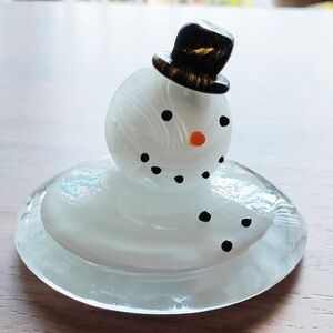 Glass Snowman Paperweight Figurine with Black Hat Signed Prestige